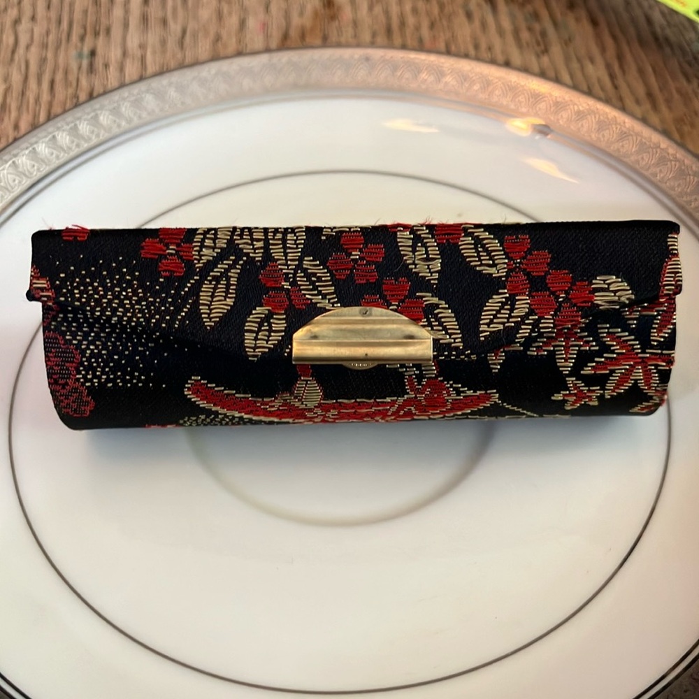 Lipstick Case Embroidered black silk gold red with MIRROR silk satin Asian